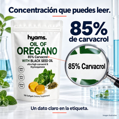 Concentración que puedes leer: 85% de carvacrol en la etiqueta de Hyams.