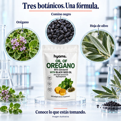 Tres botánicos en la fórmula: orégano, comino negro y hoja de olivo.