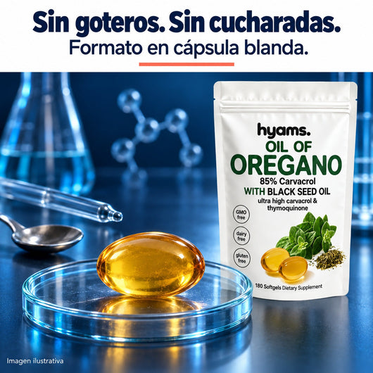 Aceite de orégano Hyams en cápsula blanda: sin goteros ni cucharadas.