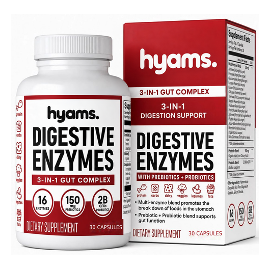 Hyams Digestive Enzymes 3-in-1 Gut Complex bottle and carton — 30 capsules