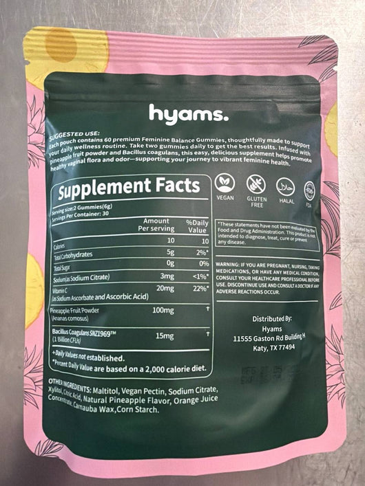 Hyams Feminine Balance Gummies pouch back label